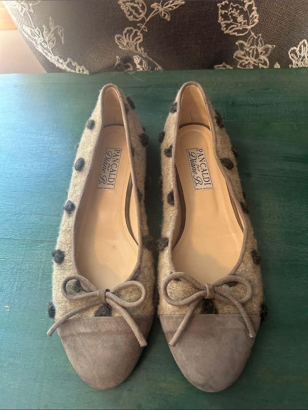 Pancaldi for Diane B. Gray Polka Dot  Felted Wool Ballet Flats Size EU 42/US 11